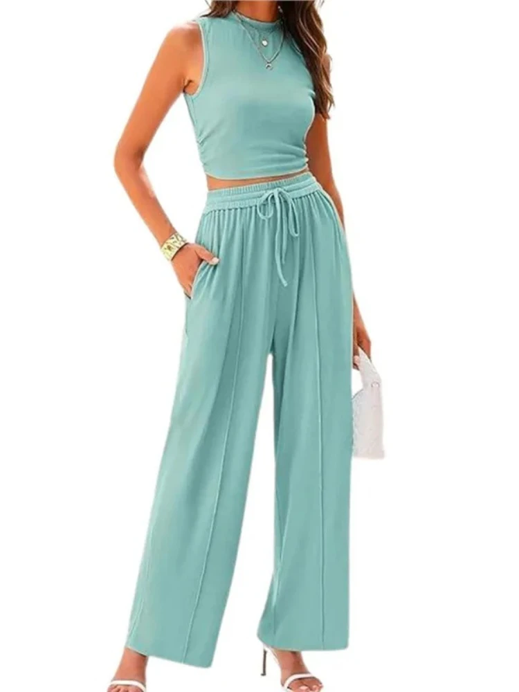 

2026 Summer Casual Sets Sleeveless Short Fitted Top Wide-leg Pants Two-piece Set Ensemble Femme 2 Pièces 2 Pieces Outfits Women