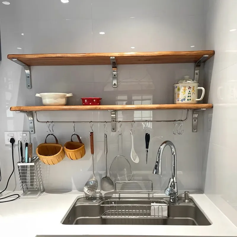 

Kitchen wall solid wood baffle board rack wall wooden shelf wall wall mounted wall dish rack