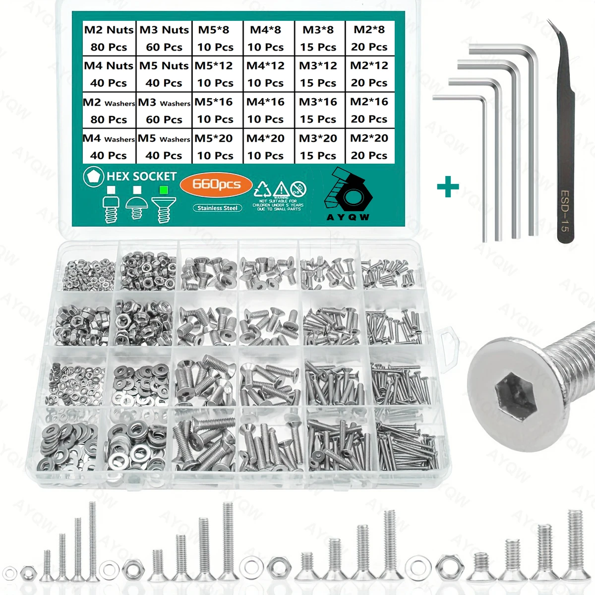 180/660Pcs Stainless Steel Hex Head Nuts&Bolts (M2-M5) – Flat Washers with Case, 4 Wrenches& 1 Tweezer for Small Electronics，DIY