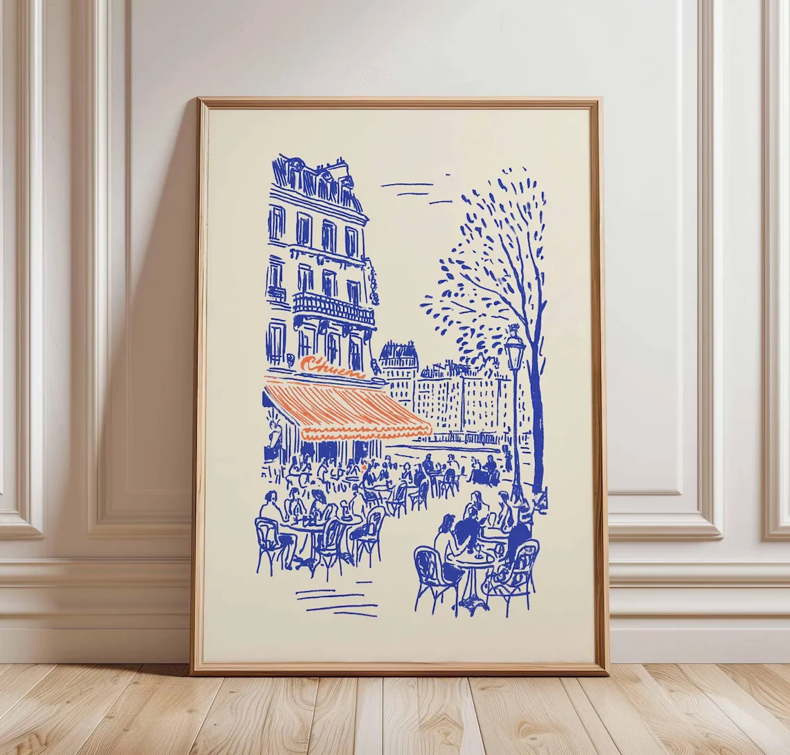 Paris Café Line Art Poster Print, French Bistro Wall Art, Minimalist Paris Sketch Decor, European Coffee Shop Illustration