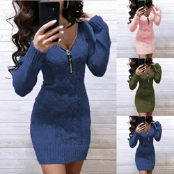 New Knitted Dress Women sweater new fashion autumn winter warm zipper v-neck Twists print long Dresses Casual Vestidos