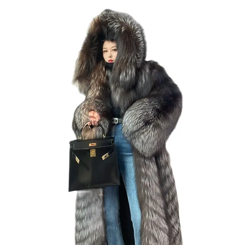 2024 Winter New Finland Imported Crown Silver Fox Hair Full Hooded Long Fur Coat Women\'s Fashion Sexy Warm Package fur coat wome