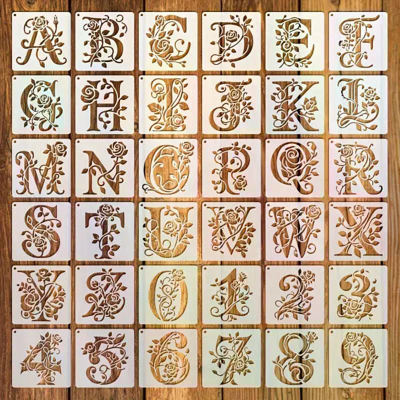 

36 шт. цветочные трафареты с буквами алфавита, многоразовые розы, виноградная лоза, полая картина, шаблон для граффити, форма-спрей для наклеек на стены