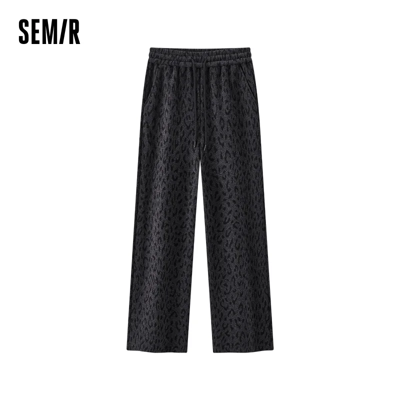 Semir Women Pants Fleece Lined Leopard Print Loose Fit Wide Leg Elastic Waist Street Style Retro Style 2026 Winter Full Length