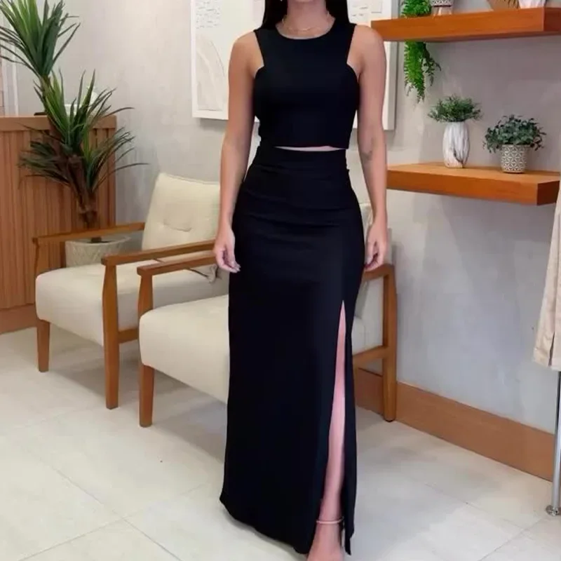 Two Piece Sets Women Skirt Set Sling Vest Short Tops Round Neck High Waist Long Skirts Elegant Sleeveless Work Streetwear 2025