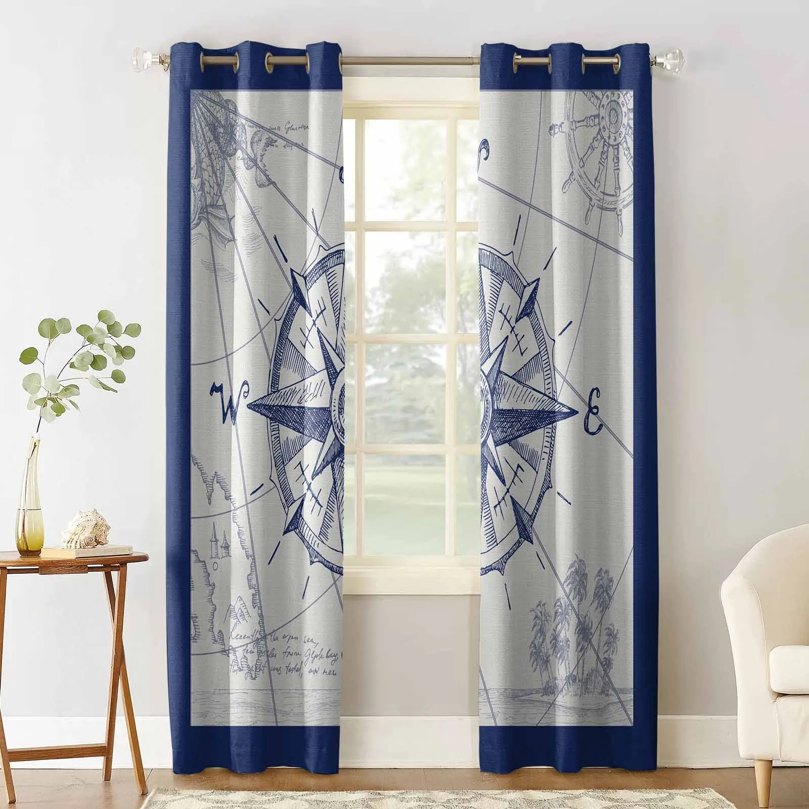 Vintage Texture Compass Window Curtains for Living Room Kitchen Curtain Bedroom Decorative Window Treatments