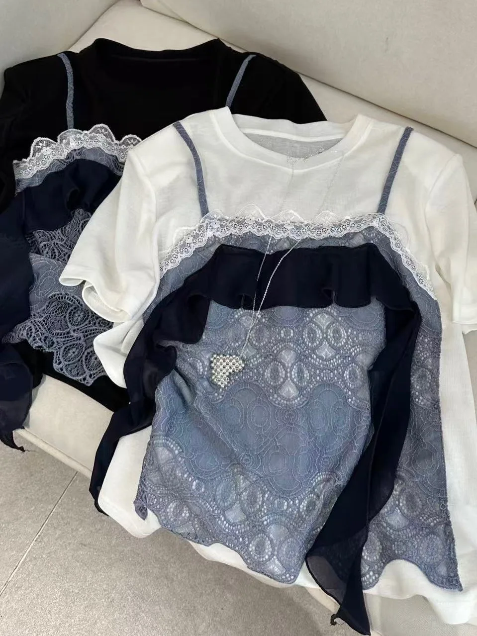 

Sweet And Cool Style T-Shirt with Lace Drift Belt Women's Short Sleeve round Neck Standard Fit Summer Fashion Ladies Top