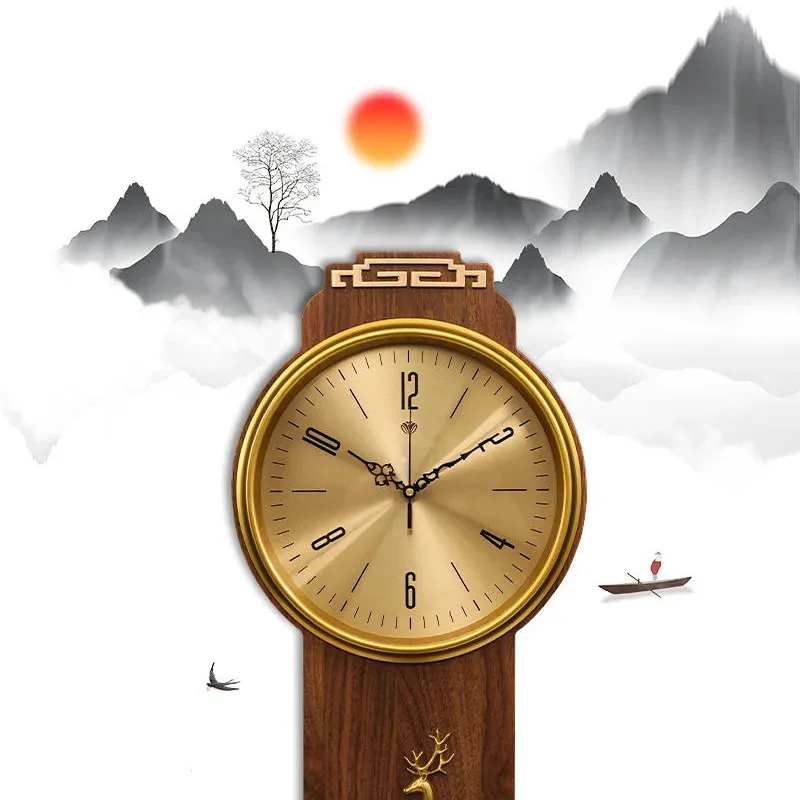 New Chinese style wall clock living room home fashion Chinese style simple and silent solid wood light luxury decorative clock