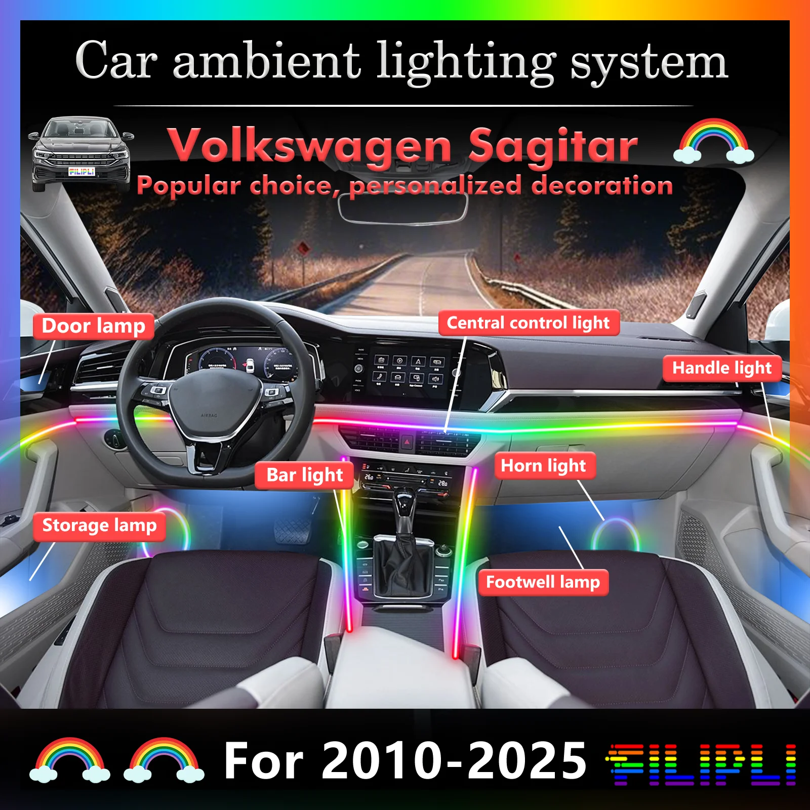 

20 In1 для серии Volkswagen Sagitar PQ35 MQB A2 ‌ Светодиодные лампы для автомобиля, цветная атмосферная подсветка, неоновая лента для салона авто с управлением через приложение