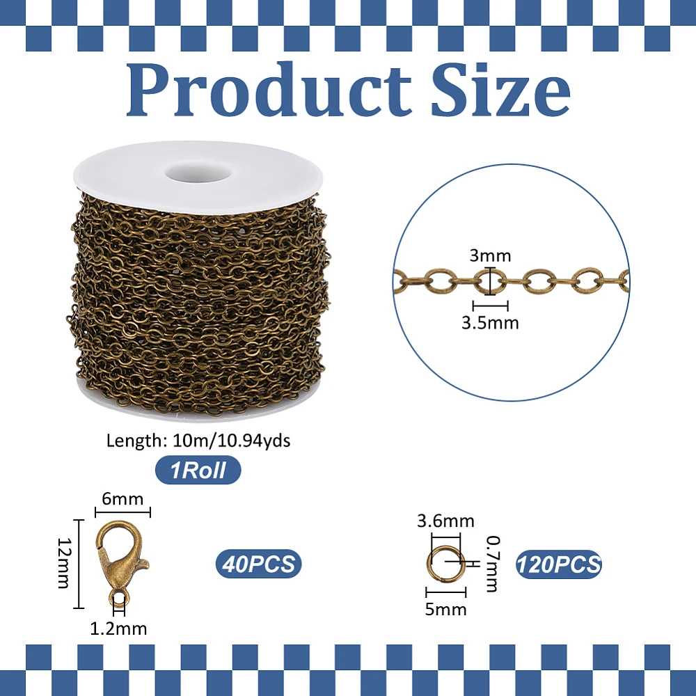 33 Feet Bronze Curb Cable Chain Link Necklace Soldered Necklace Chain with 40Pcs Lobster Claw Clasps and 120Pcs Jump Rings Metal