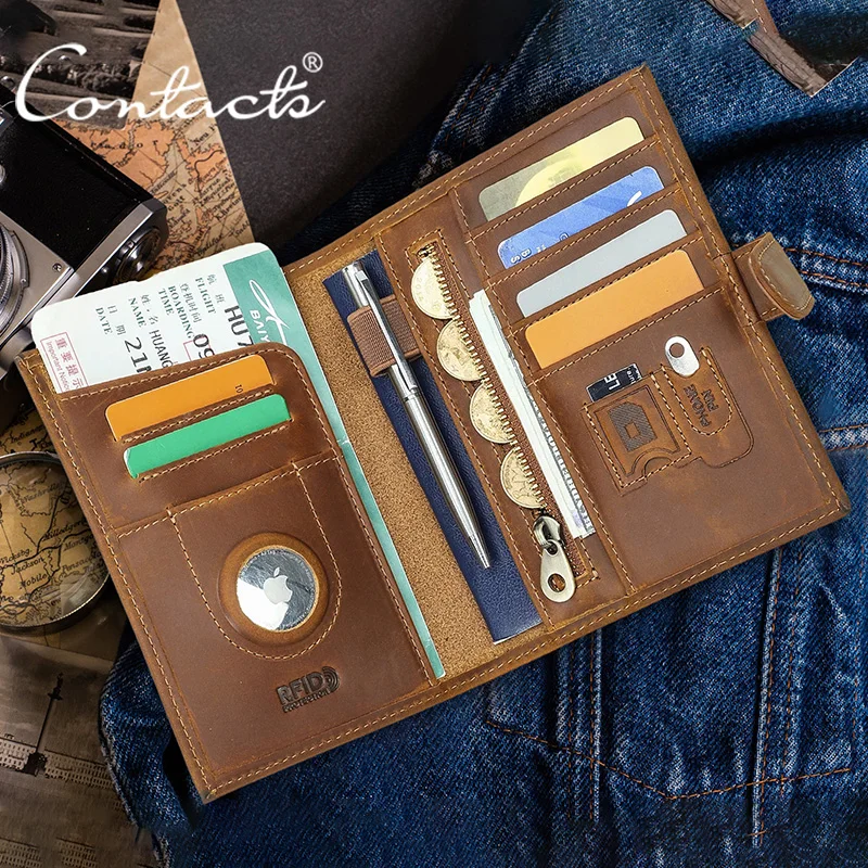 

CONTACT'S Genuine Leather Passport Wallet Men AirTag Slot RFID Pen Card Holder Money Bag Male Vocation Travel Gift Coin Purse