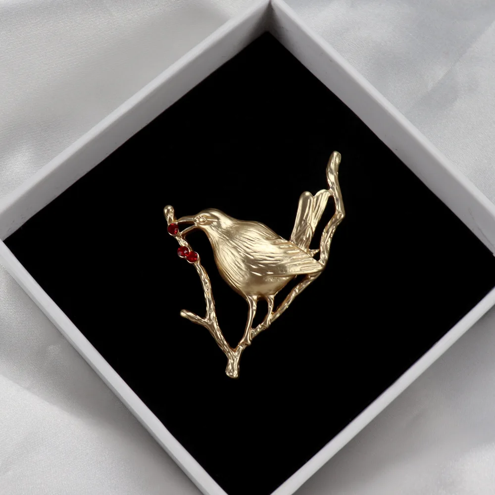 The Middle Ancient Times Style Gold Color Adorned with Red Zircon Tree Branches Bird Brooch UNISEX High End Banquet Brooch