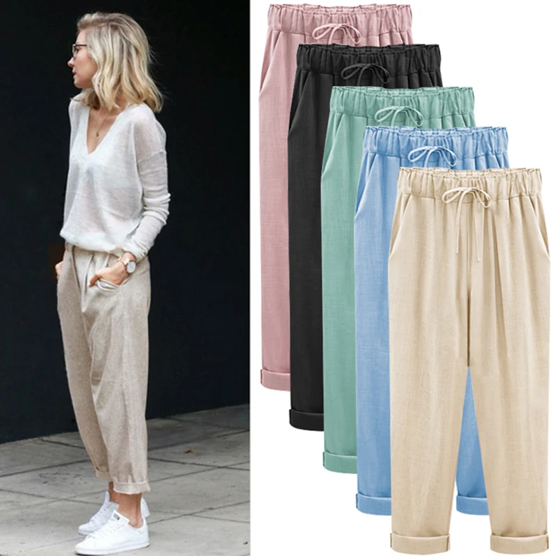 2024 Fashion Women Nine Points Pants Cotton linen New Casual Bundling Wide Waist Belt Candy Color Pencil Pants roupas femininas