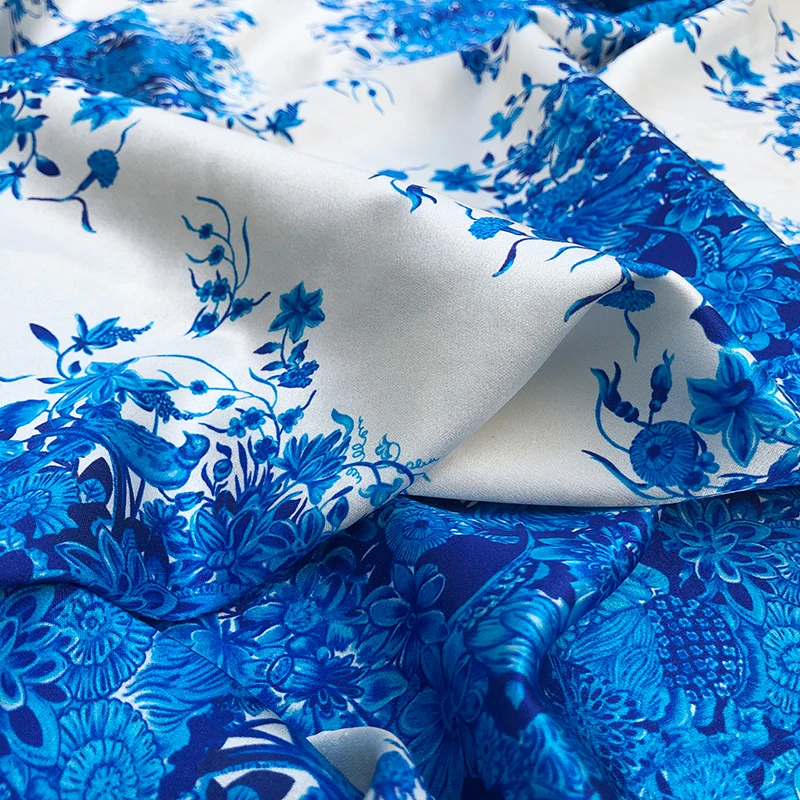 Fashion Imitate Silk Satin Blue and White Porcelain Digital Printing Fabric For Woman Dress Blouse Handmade DIY Cloth Sewing