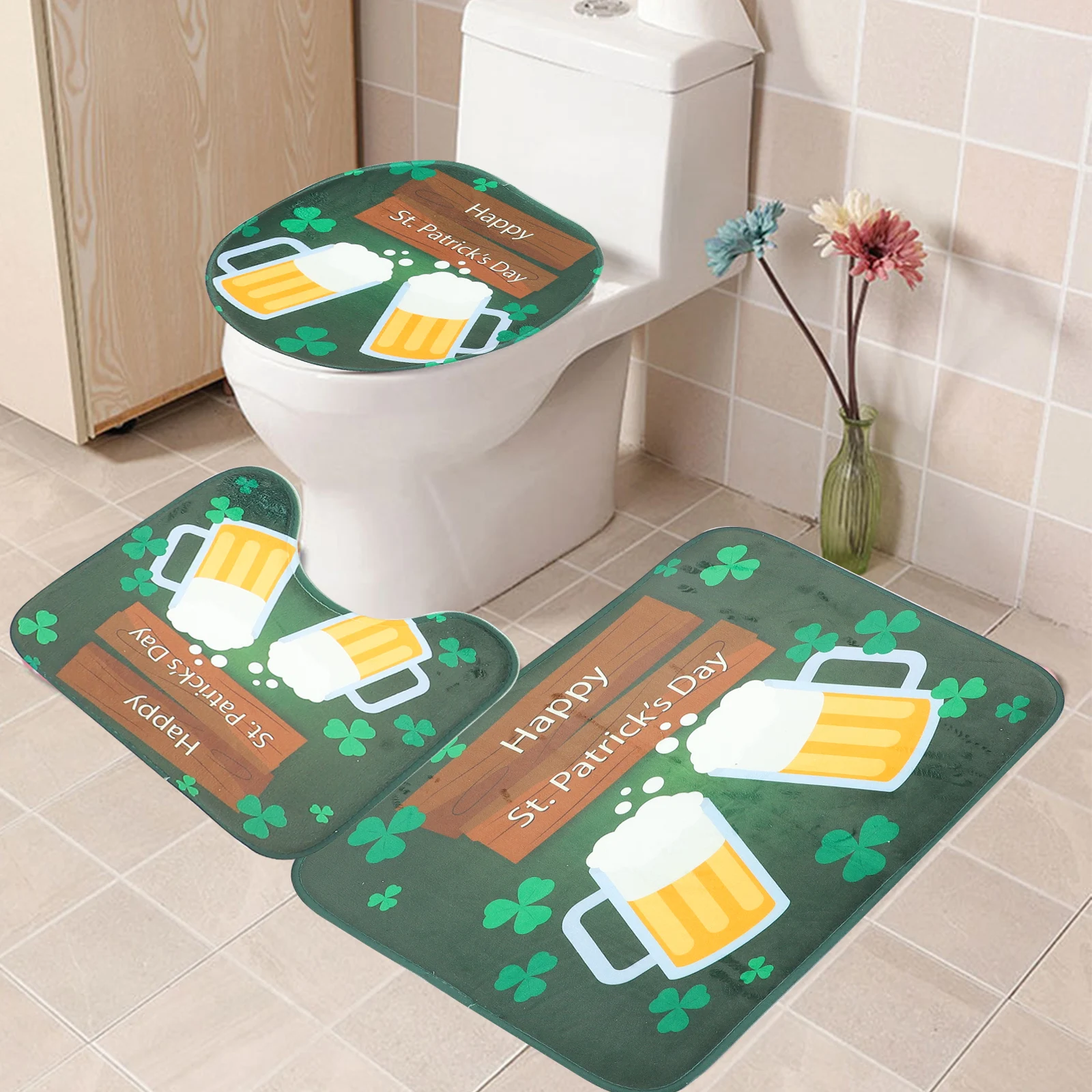 

3pcs Bathroom Mat Non Slip Rug Set St Patrick Day Toilet Seat Patrick'S Day Bath Mat Set Cover Non Slip Rug HomeDecoration