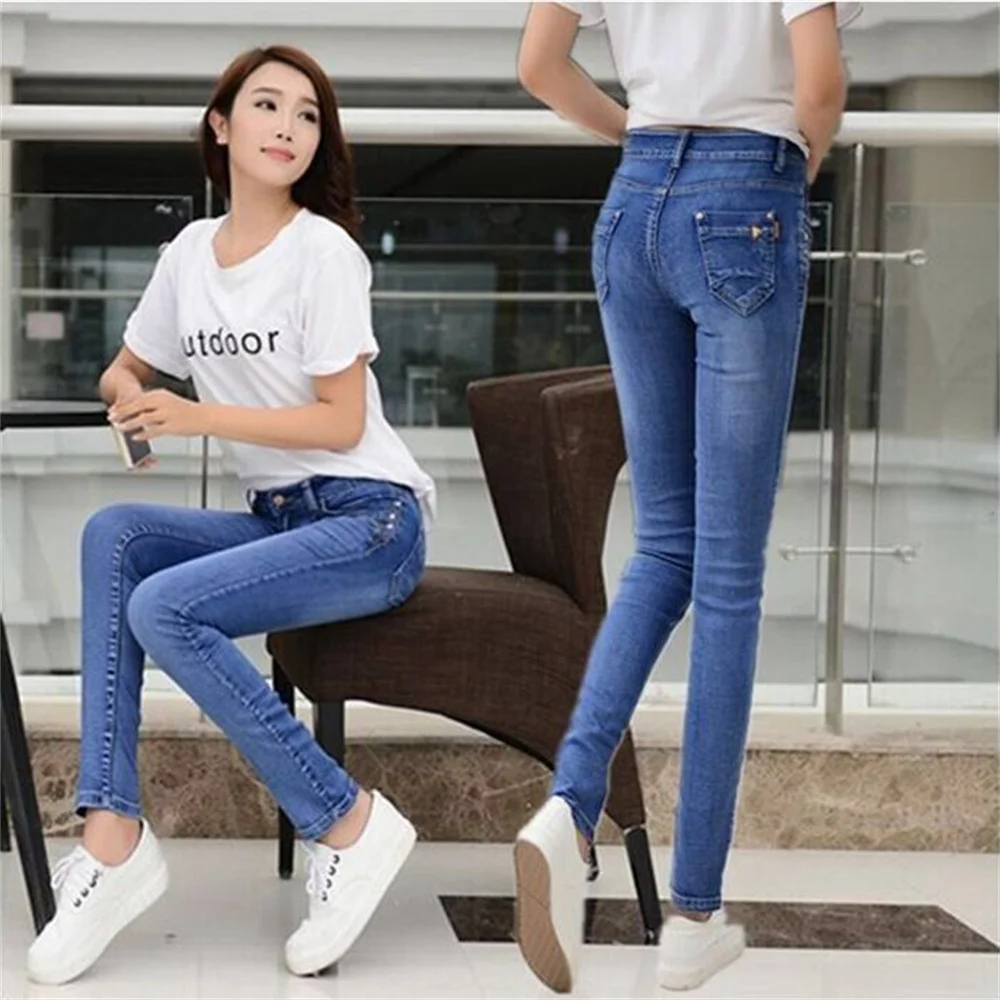 Jeans Skinny Pinggang Rendah Mode Wanita Denim Tergores Diputihkan Pakaian Celana Panjang Celana Ramping Antik Push Up Biru untuk Wanita