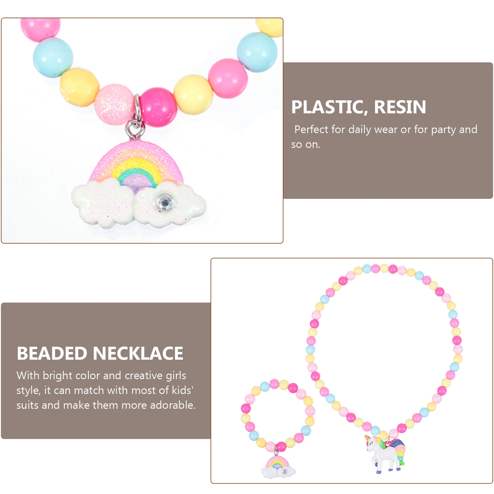 

2pcs Kids Unicorn Necklace Bracelet Set Creative Plastic Beaded Jewelry Bright Color Girls Style Perfect for Party Daily Wear
