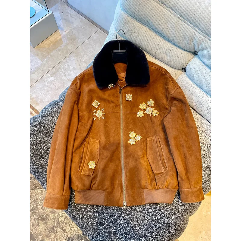QICHE 2026 New Ladies Vintage Suede Baseball Jacket Heavy Craft Beaded Flower Furry Collar Zipper Warm Coat
