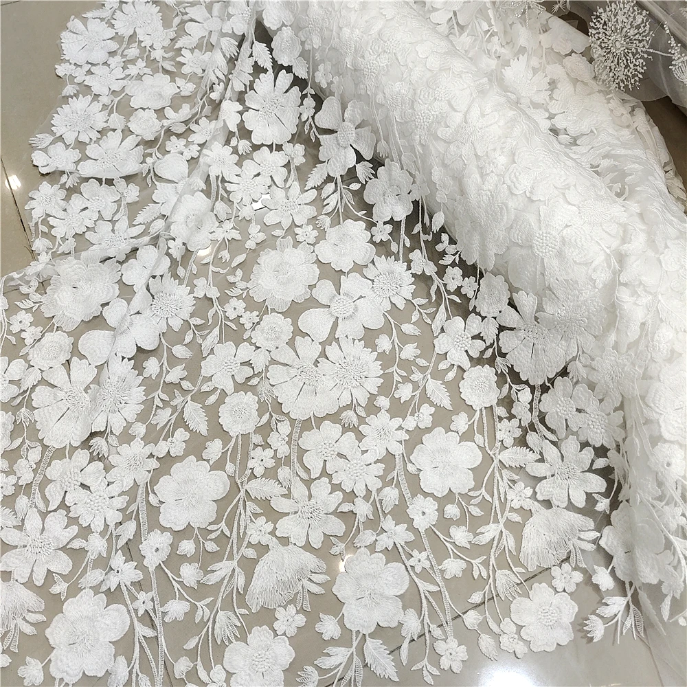Reiner Baumwoll-Stickerei-Blumen-Spitzenstoff, 3D-Applikation, Hochzeitskleid, Braut, individuell, hochwertig – Detail 2