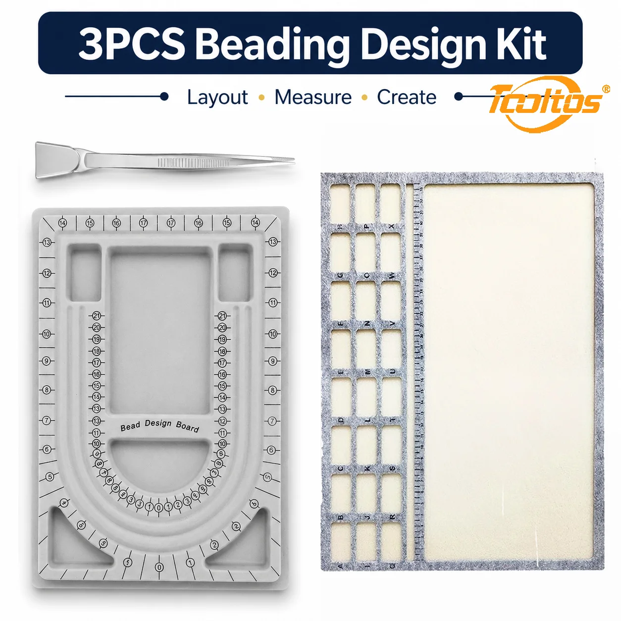 TOOLTOS 3PCS Beading Essentials Kit Bead Design Board Beading Mat Stainless Spatula Tweezers Jewelry Necklace Bracelet Making Tool