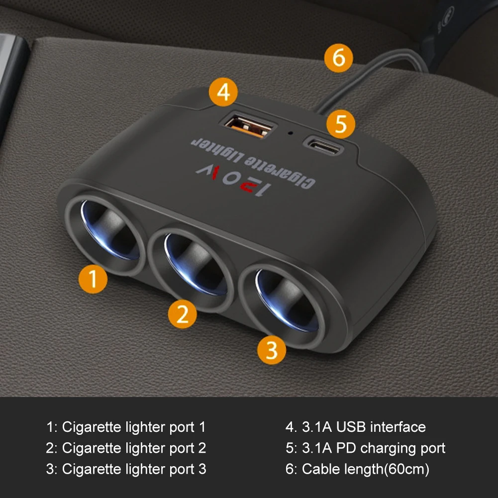 120W Car Charger Adapter 12V 24V 3 Socket Cigarette Lighter Splitter Dual USB LED Car Fast Charger For IPhone IPad GPS Dashcam