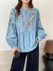 2026 Bohemian women's denim shirts 100% cotton stand collar handmade embroidered long sleeve blouses jean shirts tops