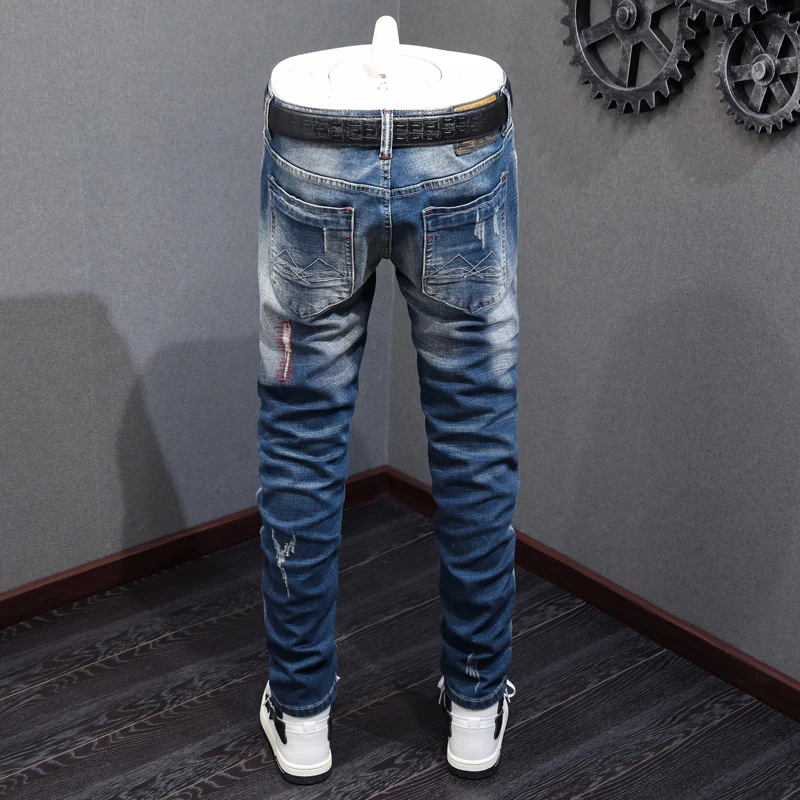 Fashion Vintage Men Jeans High Quality Retro Blue Elastic Slim Fit Patched Ripped Jeans Embroidery Designer Denim Pants Hombre