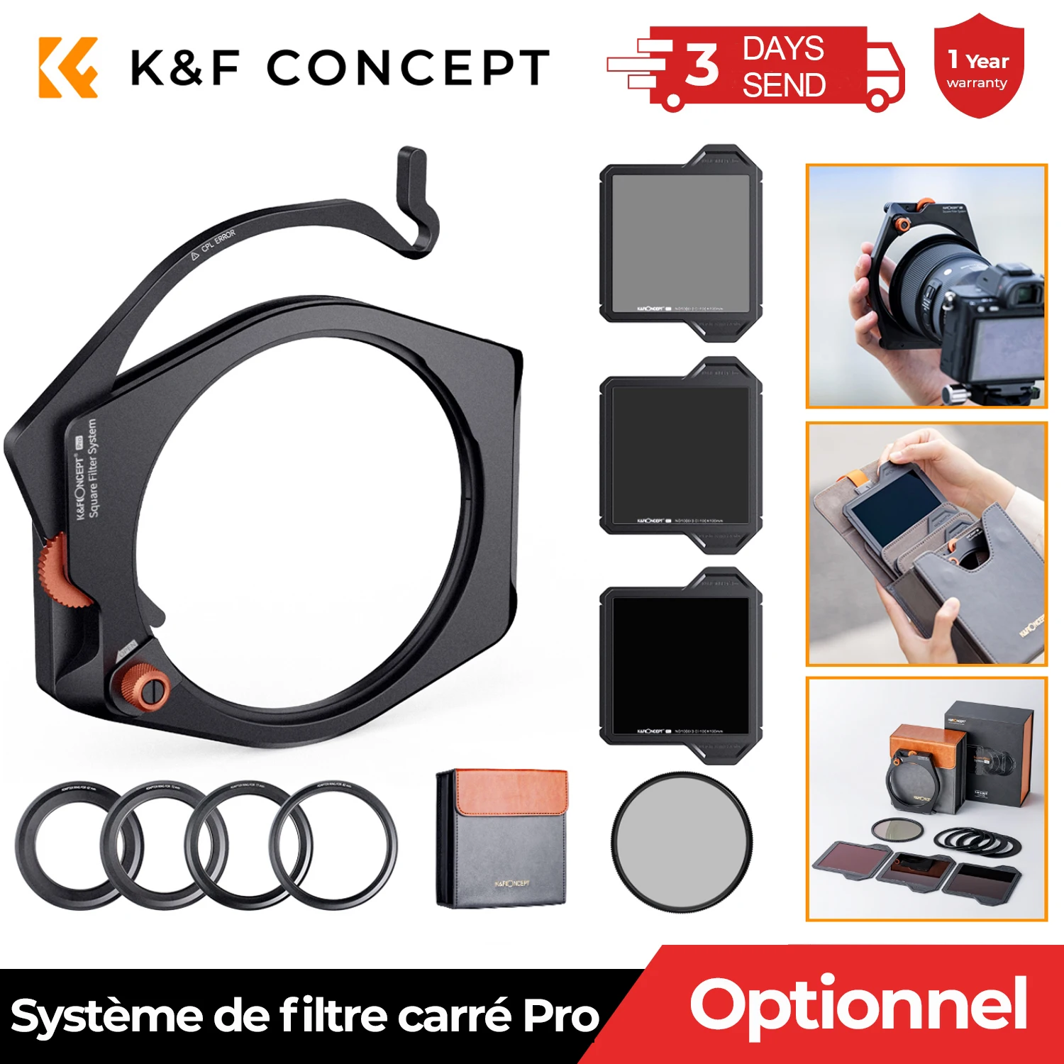 Système de porte-filtres carrés K&F CONCEPT Pro Kit, ensemble de filtres à densité neutre multicouches ND8 ND64 ND1000 CPL pour objectif d'appareil photo reflex numérique