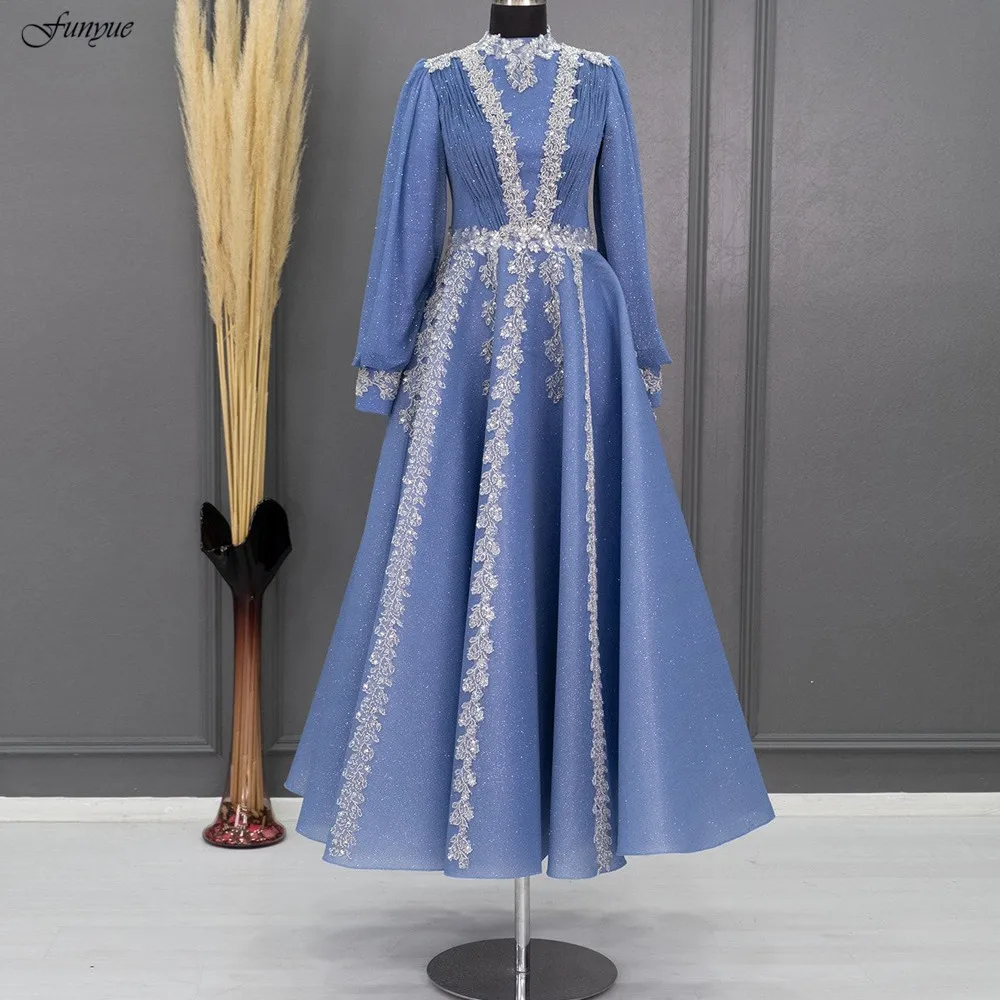 

Funyue A-Line Ankle-Length Prom Dresses Vestidos De Noche High Neck Arabic Long Sleeve Evening Gowns Blue Wedding Party Dress