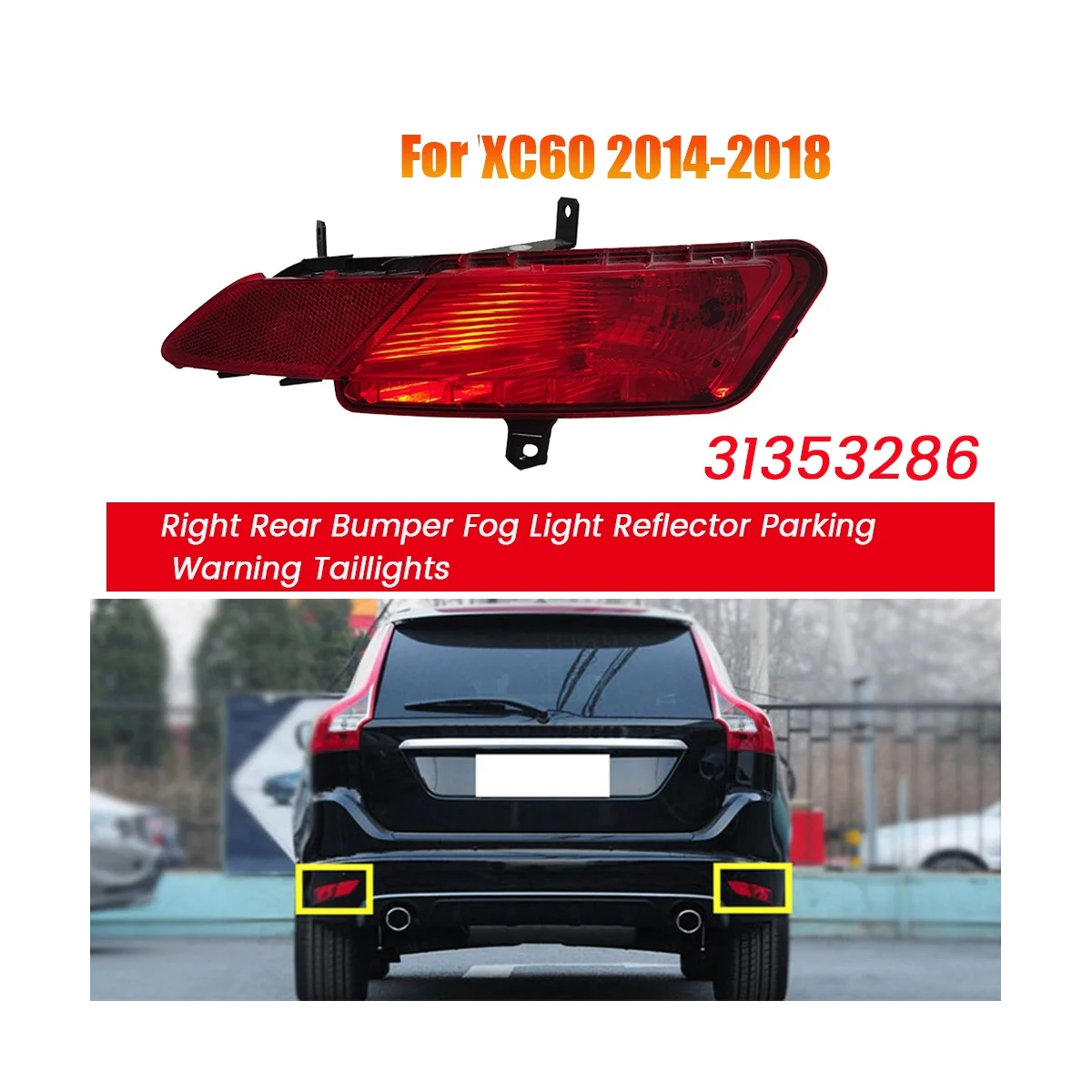 31353285 Left Rear Bumper Fog Light Reflector for Volvo XC60 14-18 Parking Warning Taillights Lamp Reflector No Bulb