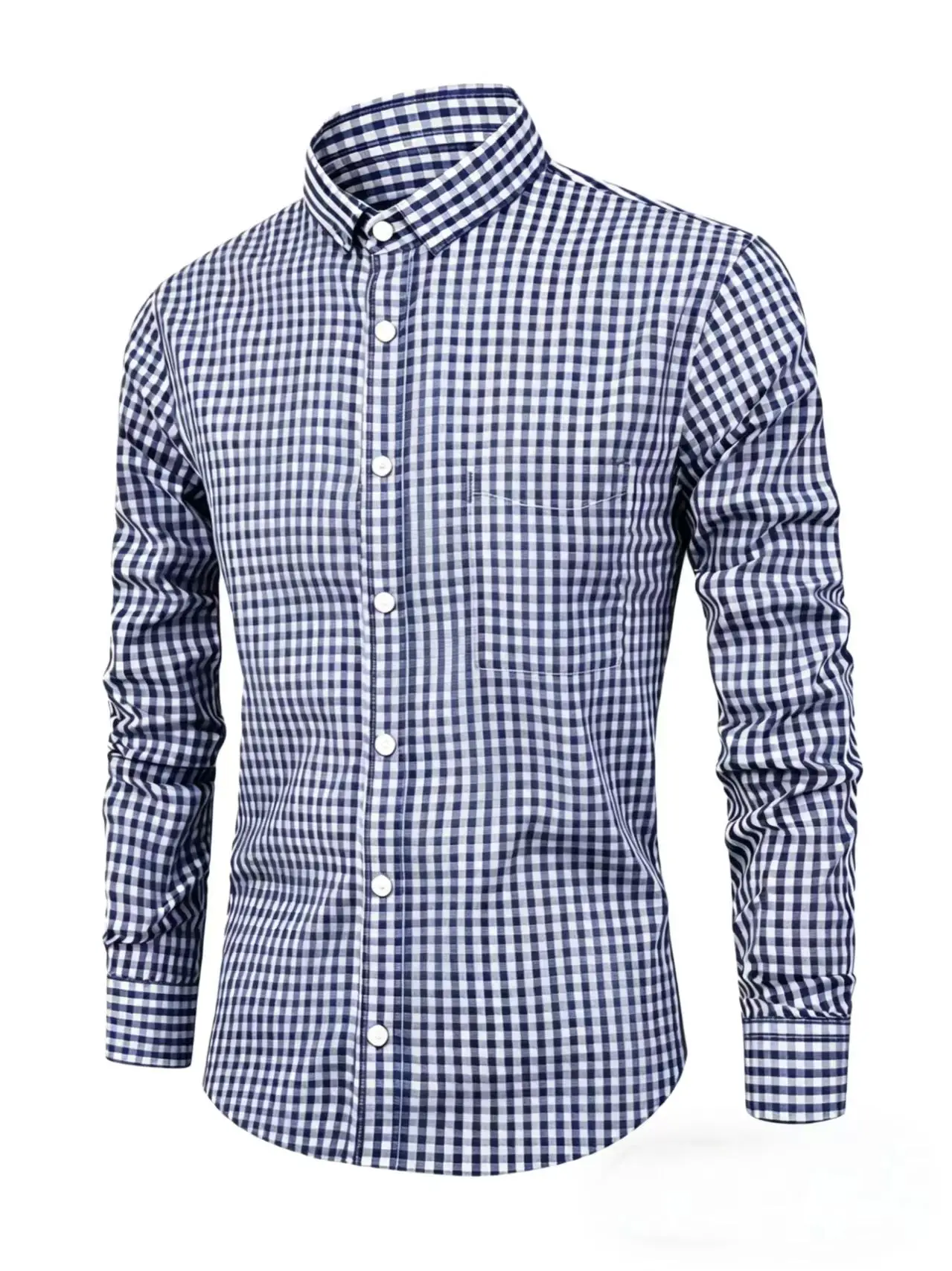Men's Checkered Fashion Shirt with Long Sleeves, Lapel Buttons, Navy Blue Casual Business Dress Shirt, with Chest Pocket