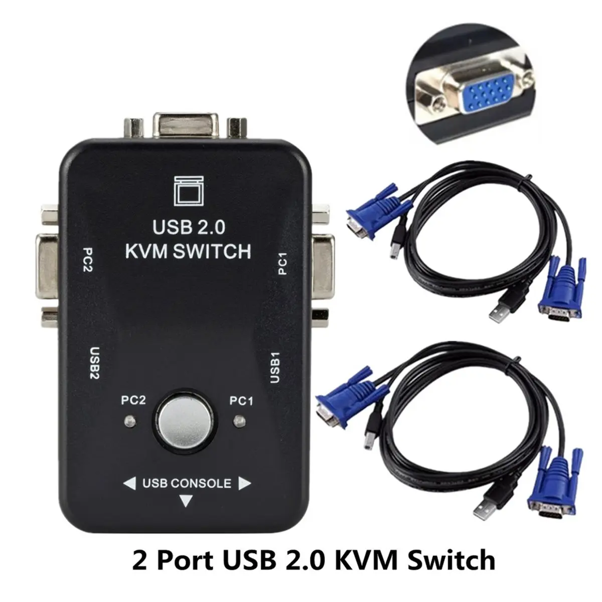 AT42 USB 2.0 KVM Switch Switcher 1920x1440 VGA SVGA Switch Splitter Box 2 Port with Two Cables