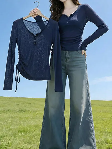 High UV Protection Korean Style Long Sleeve Knitted Cover up Sun Protection Shirt Dark Blue Drawstring Top Women's Fashion