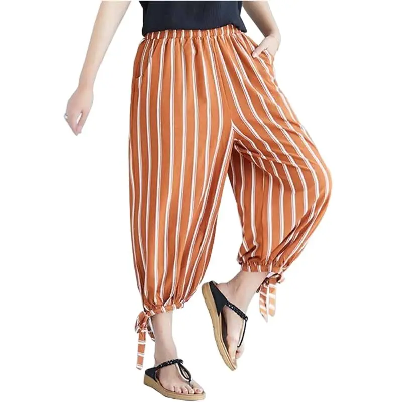 

New Fashion Summer Trousers Bloom Pants Women 2022 Striped Print Elastic Slim Waist Casual Pants Female Calf-Length Pants G186