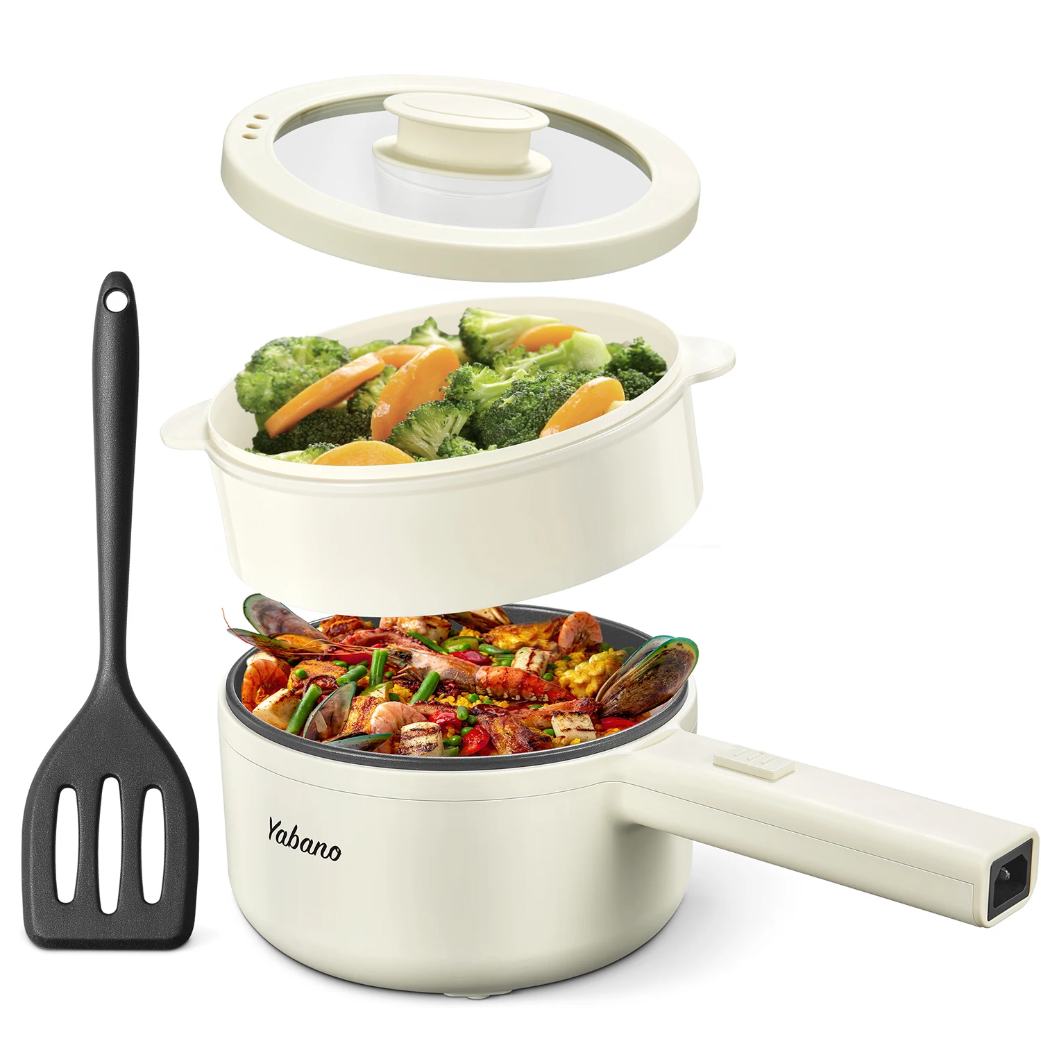 Hot Pot Electric With Steamer, 1.6L Ramen Cooker Non-Stick Sauté Pan for Steak, Egg, Fried Rice, Ramen, Oatmeal, Soup, Portable