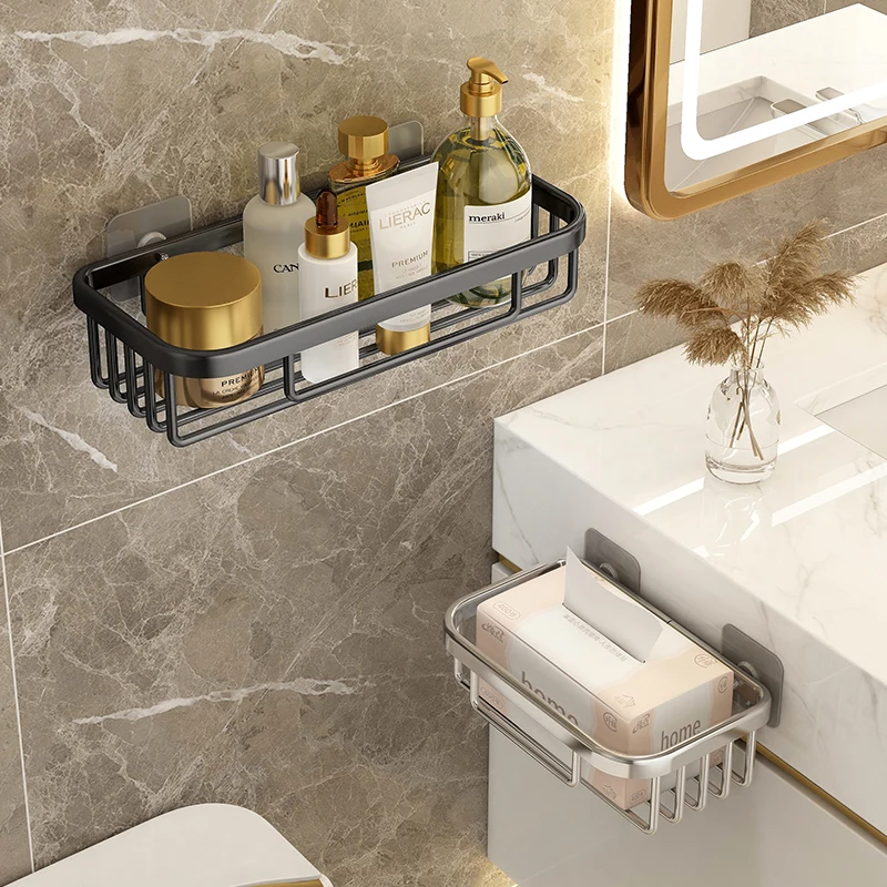 Estante de baño sin taladro, estantes montados en la pared, almacenamiento de champú, soporte cuadrado para ducha, organizador de baño de aluminio,