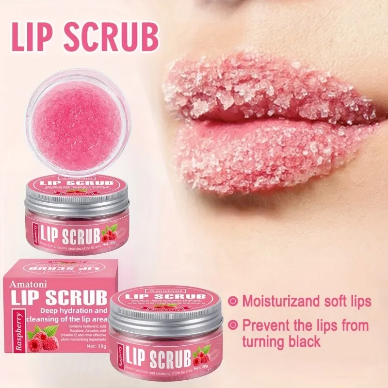 Amatoni Lip Scrub with Natural Squalane & Raspberry Flavor - 24H Hydration, Deep Exfoliating Gel for Smooth Lips, 30g Tube
