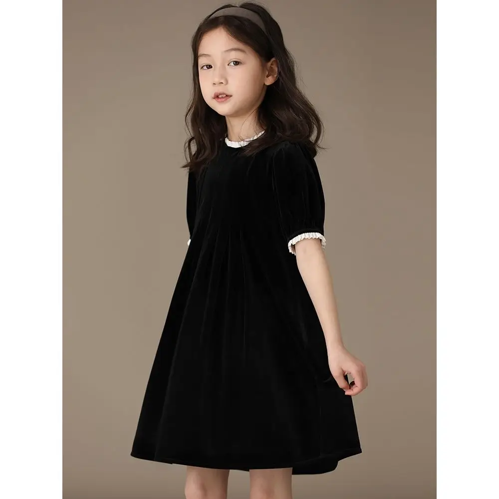 Summer New Children Girls Dress Crewneck Elegant Black Color Pleuche Short-sleeved Princess Dress for 4-12Y Kids