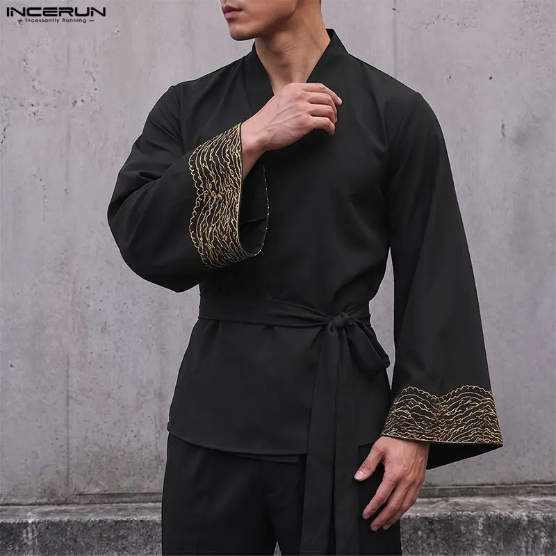 INCERUN Herrenhemd mit V-Ausschnitt, langen Ärmeln, Schnürung, lässiger Stil, Streetwear, Vintage 2026, Freizeit-Oberteil, Camisas