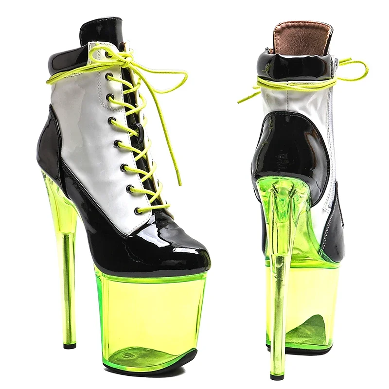 Leecabe 20CM/8 pollici Vernice PU Tomaia in bianco e nero Tendenza moda sexy trasparente Stivaletti con plateau con tacco alto Stivale da pole dance
