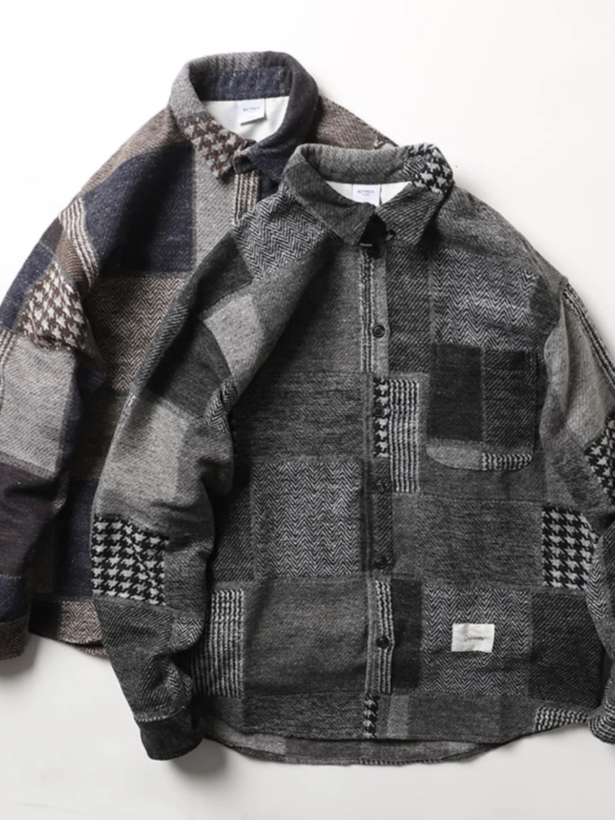 

Heavyweight Wool Blend Long Sleeve Shirt Men's Casual Loose Outerwear Youth Trend Spring Season Thickened Tweed Plaid Design