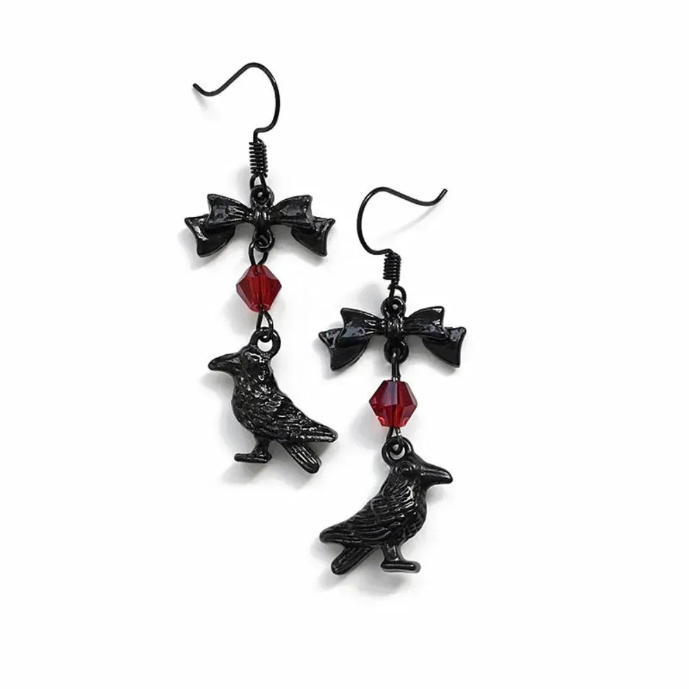 Gothic Creative Personality Black Bowknot Crow Magpie Red Pearl Pendant Dangle Earrings for Women Hallowmas Party Jewelry Gifts