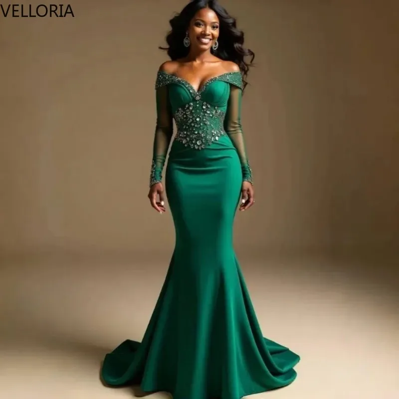 Green Satin Women's Evening Dress Sexy One Shoulder Long Sleeved Party Dress Luxurious Beaded African Ball Gown Customized