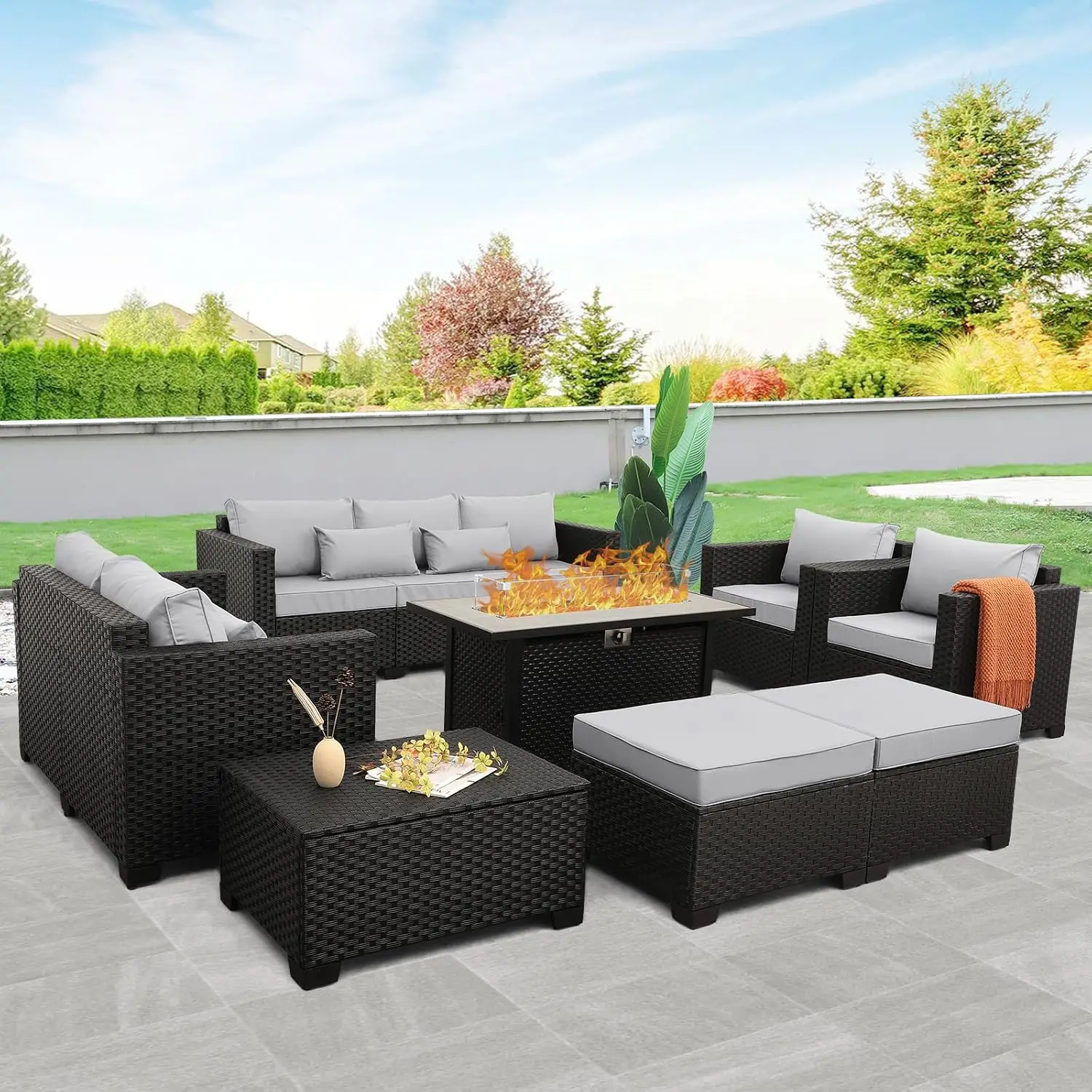 8 PCS Patio Furniture Set with 45-Inch Propane Fire Pit 60000BTU No-Slip Cushions Waterproof Covers Light Grey, Custom