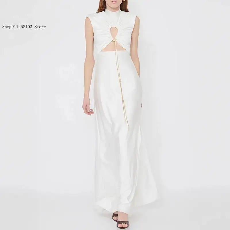 Woman Backless Hollow Party Elegant Sleeveless Holiday Draw String Maxi Dress Summer Sexy Strapless Pleating Dresses