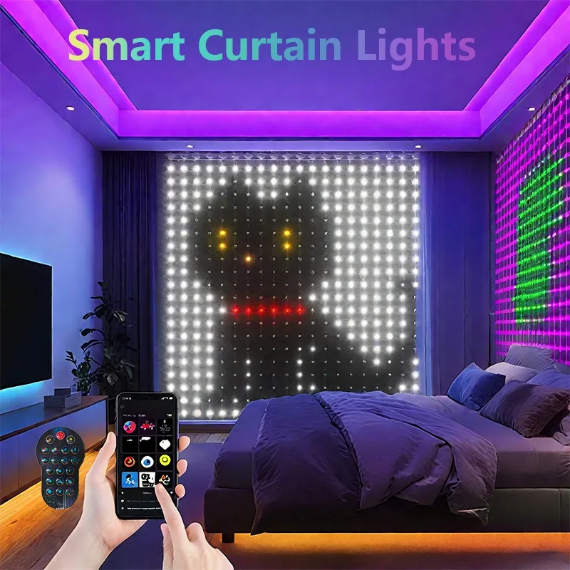 ไฟม่าน LED ไฟประดับตกแต่งห้องนอน ควบคุมผ่านแอพฯ รีโมทคอนโทรล RGB เปลี่ยนสีได้เอง ใช้เป็นไฟฉากหลังสำหรับตกแต่งบ้านในเทศกาลคริสต์มาส