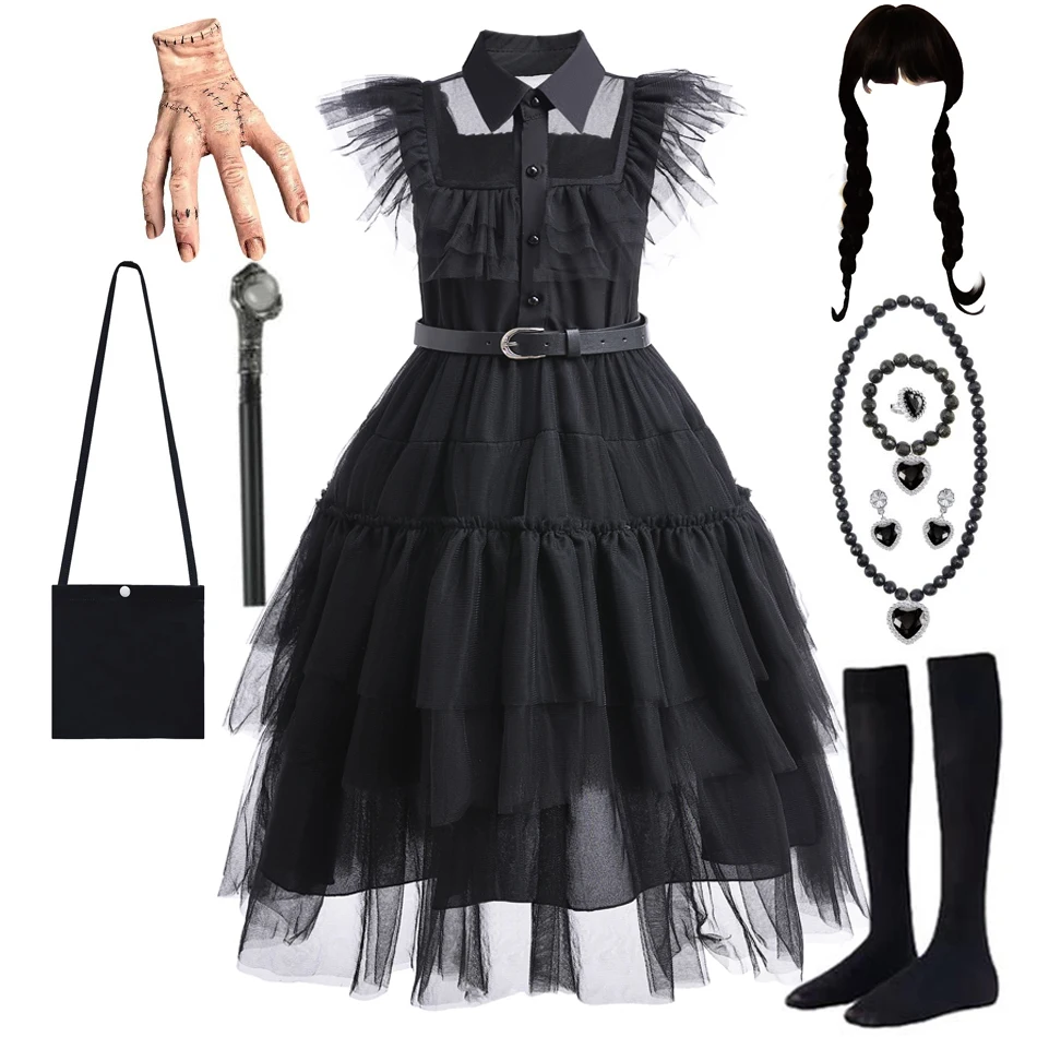 W-Wednesday Dress for Girls Black Gothic Costume Kids Teen Wednesdays Addams Dance Vestidos Halloween Cosplay Robe Clothes