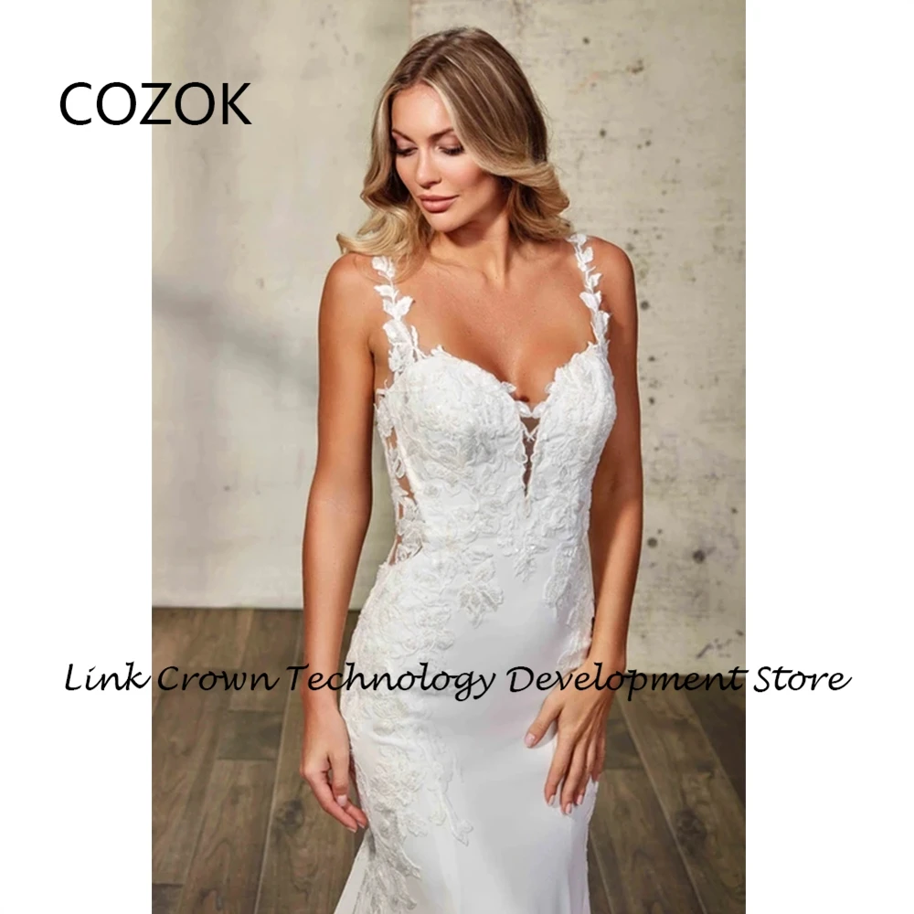 COZOK abiti da sposa con spalline sottili con abiti da sposa senza maniche a sirena in pizzo 2024 Summer Court Train Jersey Vestidos De