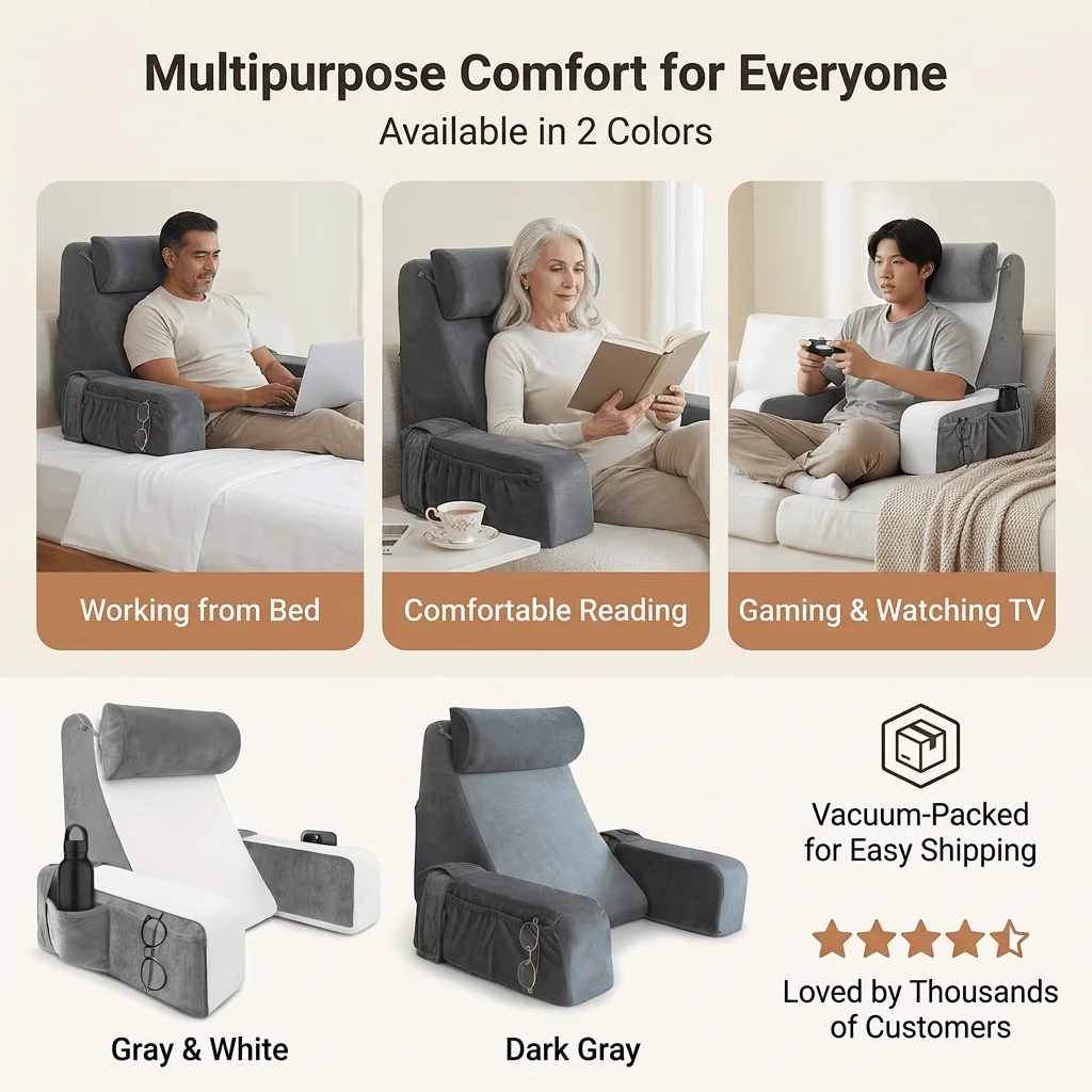 Ergonomic Reading Pillow with Armrest Premium High Density Shredded Foam Backrest for Bed Sofa and Floor Extra Large BackSupport view 4