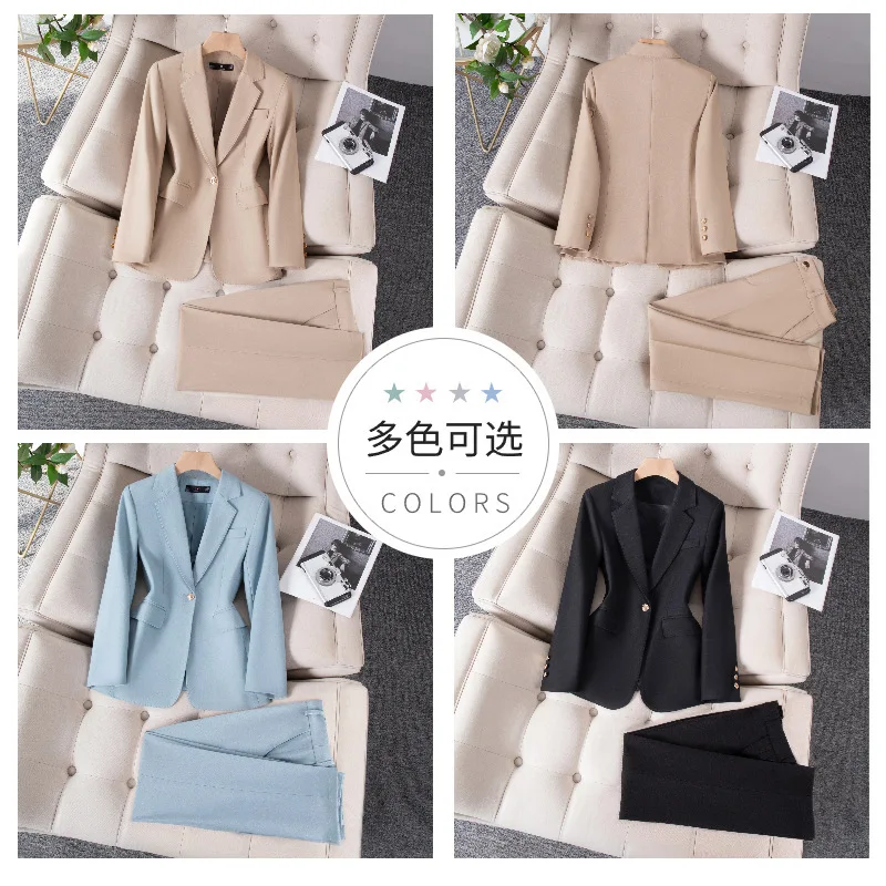 

Women Suits Set 2024 Formal Office Lady 2 Piece Jacket+Pants Black Blue Cotton Blazer Trousers Spring Cotton Party Gown Trousers